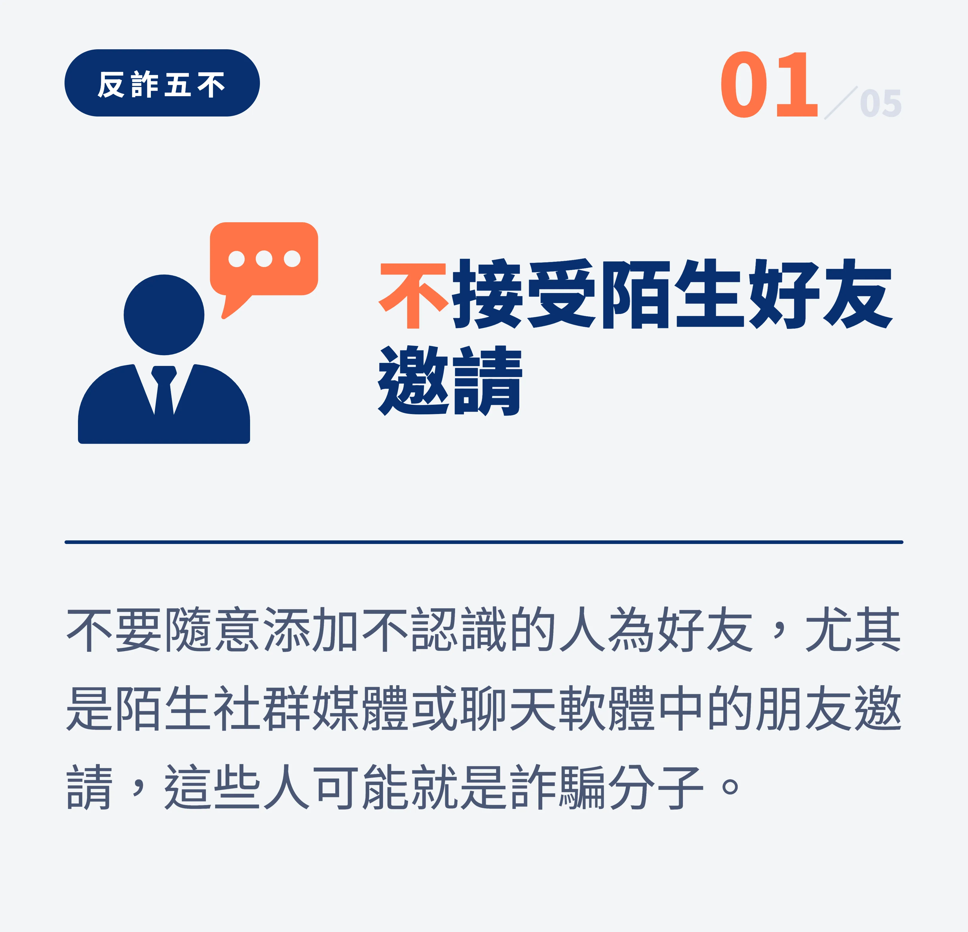 反詐五不 01:不接受陌生好友邀請。不要隨意添加不認識的人為好友,尤其是陌生社群媒體或聊天軟體中的朋友邀請,這些人可能就是詐騙分子
