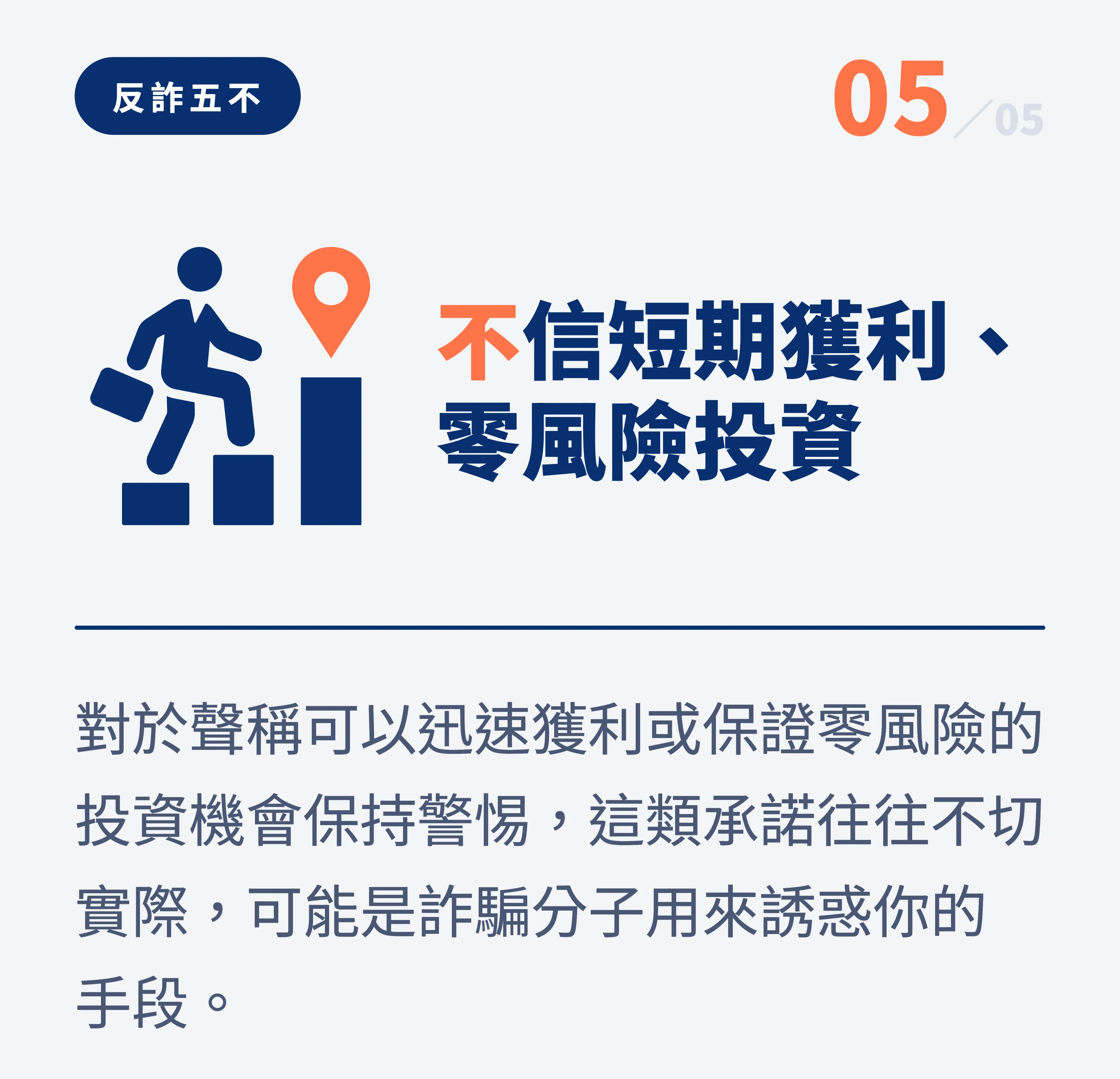反詐五不 05:不信短期獲利、零風險投資。對於聲稱可以迅速獲利或保證零風險的投資機會保持警惕,這類承諾往往不切實際,可能是詐騙分子用來誘惑你的手段